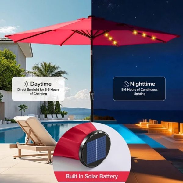 10 Ft Patio Umbrella For Table, Outdoor Sun Umbrella With 32 LED Solar Lights, Red - Image 5
