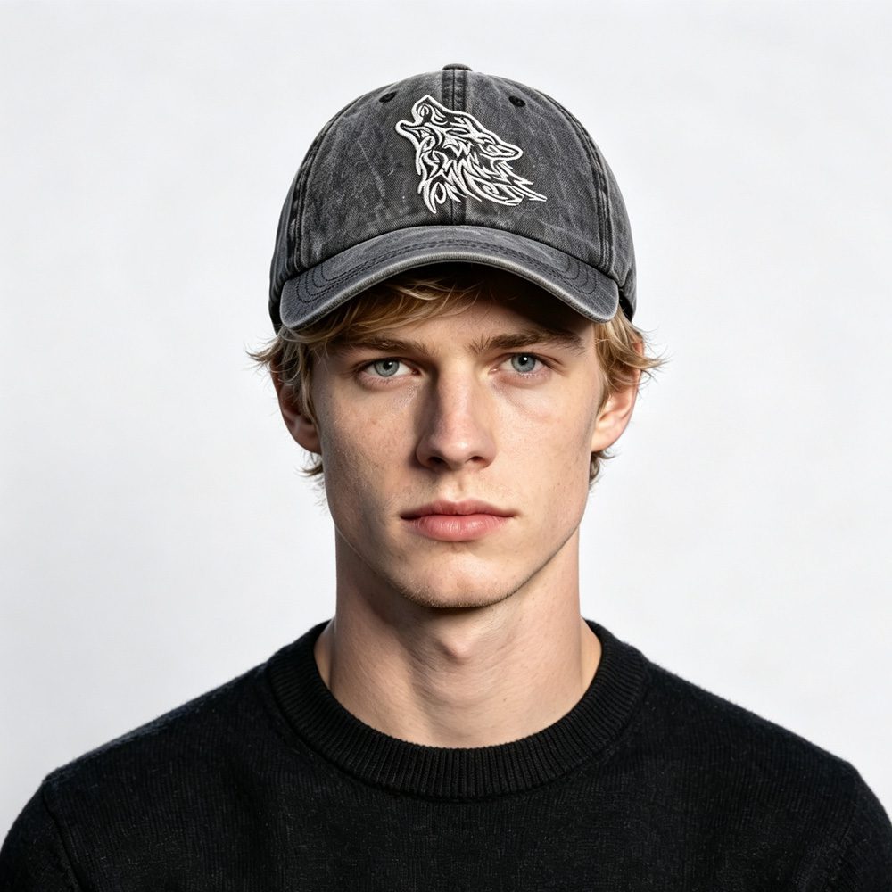 2pcs Tribal Howling Wolf Embroidered Vintage Washed Baseball Cap, Unisex Distressed Hat - Image 3