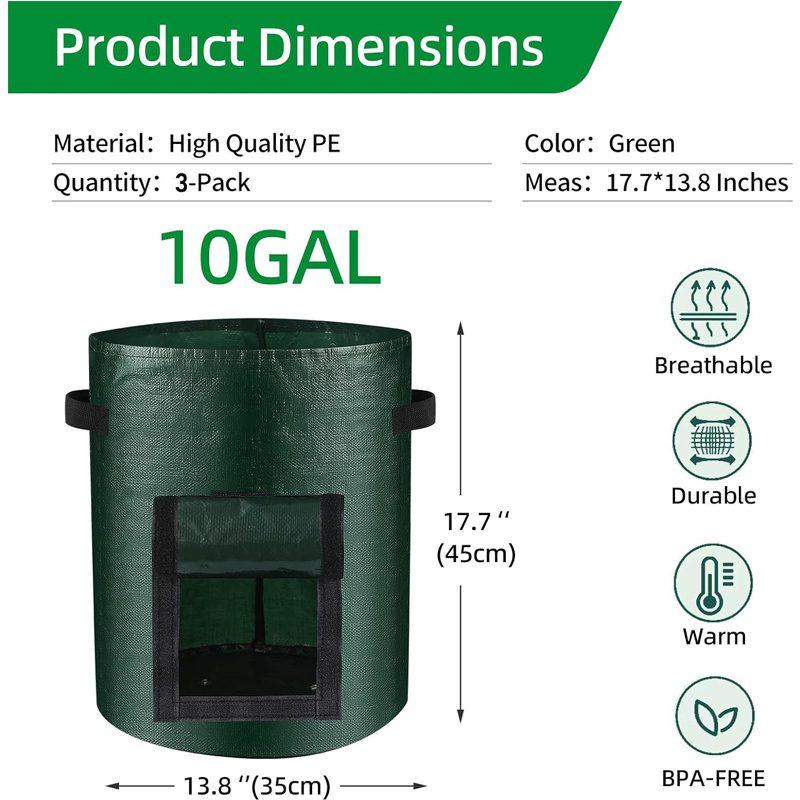 10 Gallon -6 Pack Potato Grow Bags, Heavy Duty PE Fabric Pots With Flap And Handles, Green Planter Bags For Potato Vegetables Outdoor Garden, For All Plants Growing - Image 2