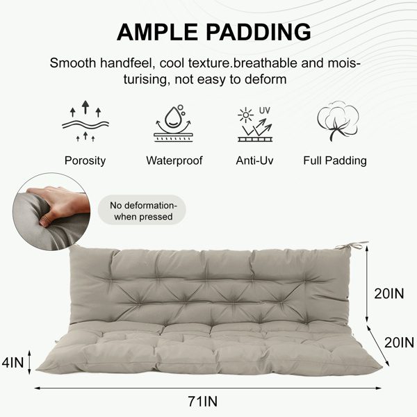 Outdoor Swing Cushions 70 Inch, Waterproof 4in Thick Porch Swing Cushion Replacement With Backrest And Ties, Comfortable 2-3 Seat Pation Swing Pad For Backyard, Garden, Lawn, Outdoor Furniture-khaki - Image 4