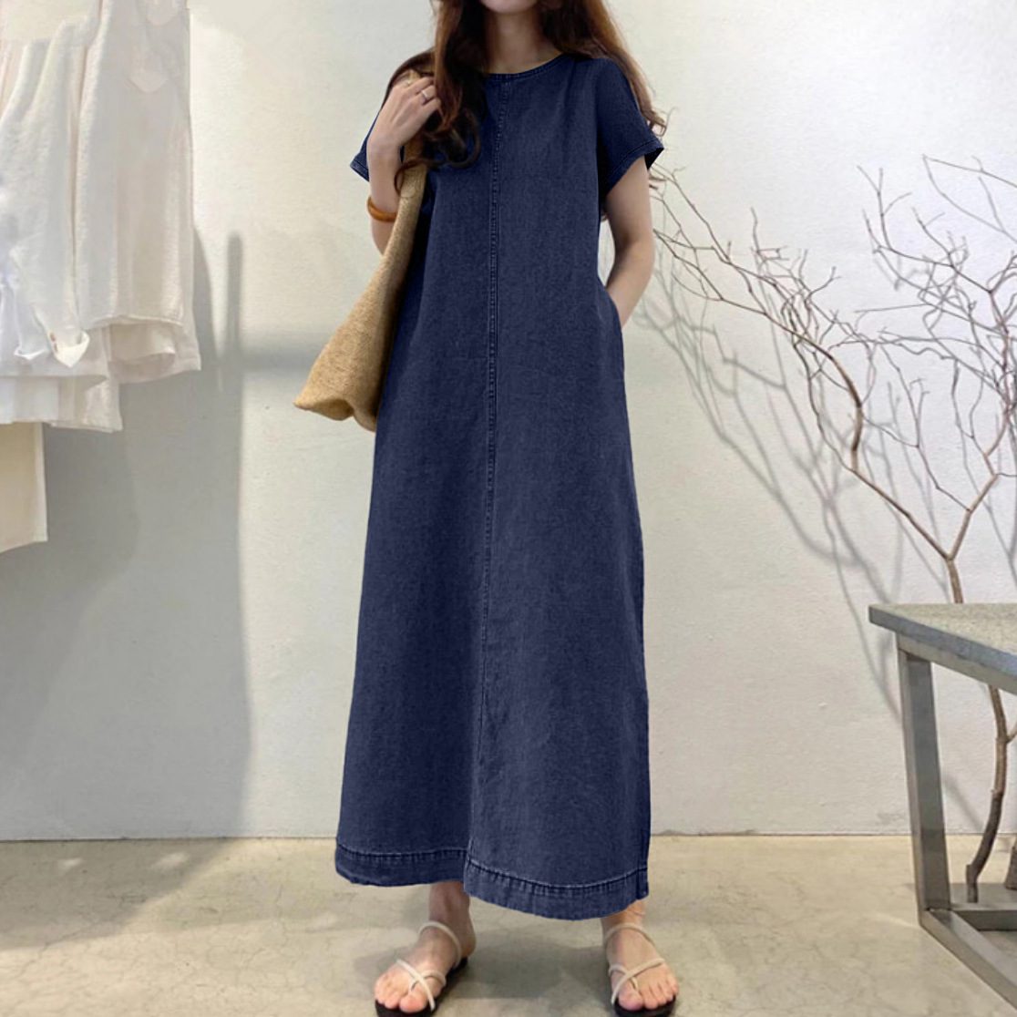 Womens Solid-Color Fashionable Round-Neck Loose-Fit Pocketed Dress - Image 7