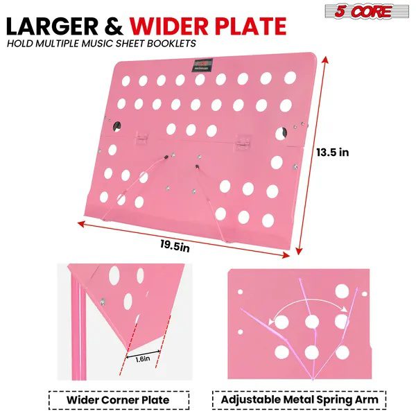 5 Core Music Stand For Sheet Music Height Adjustable Portable Folding Atril Para Partituras W Light Clip For Guitar Players Violinists Cellists Pianists - MUS FLD HD ACC PNK - Image 3