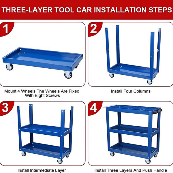 Upgrade 3-Tier Rolling Tool Cart With Lockable Wheels, Heavy Duty Steel Utility Cart, Kitchen Cart Organizer, Workshop Rolling Serving Cart For Garage, Warehouse, Blue - Image 6