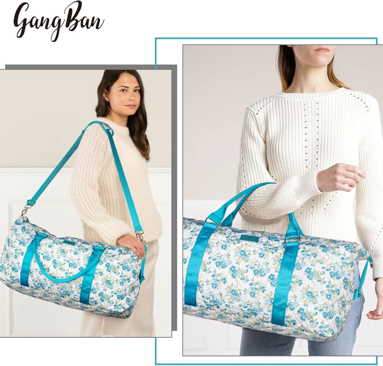 Women's Travel Bag With Toiletry Pouch Carry-on Overnight & Weekend Bag For Travel, Yoga, And Gym White Floral Design - Image 2