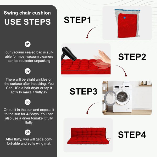 Outdoor Swing Cushions 55 Inch,Waterproof 4in Thick Porch Swing Cushion Replacement With Backrest And Ties,Comfortable 2-3 Seat Pation Swing Pad For Backyard,Garden,Lawn,Outdoor Furniture Red - Image 6