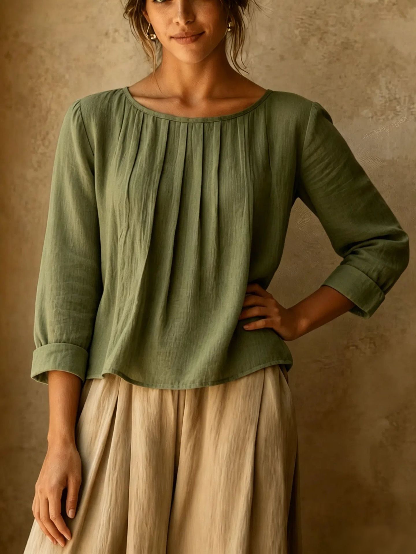Womens Cotton-linen Top Loose-fit Round-neck Shirt - Image 10
