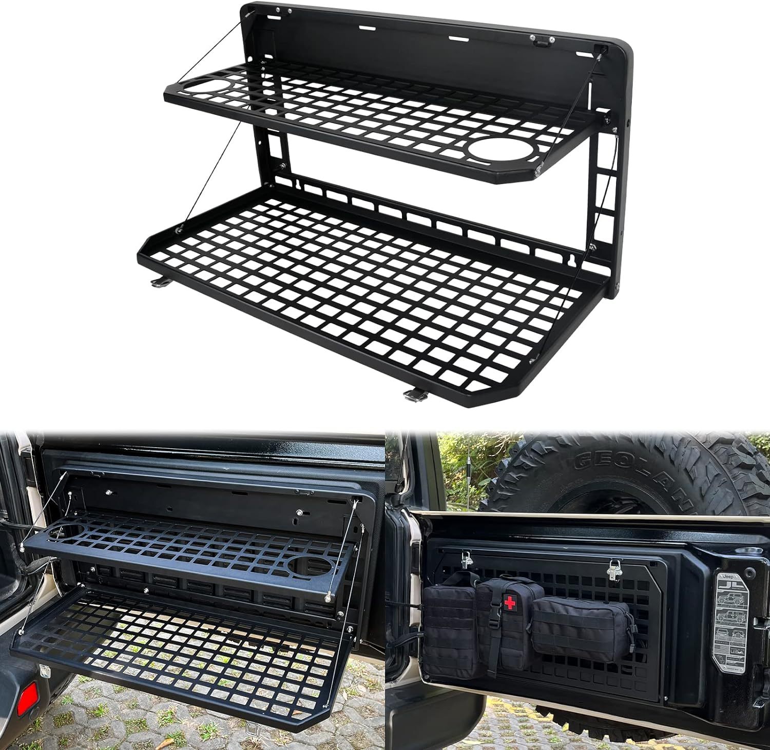 2-Tier Tailgate Table Rear Foldable Storage Cargo Rack Outdoor Camping Desk for 2007-2026 Jeep Wrangler JK&JL 4 Door (Not Fit JK Models with Stock Subwoofer) - Image 6