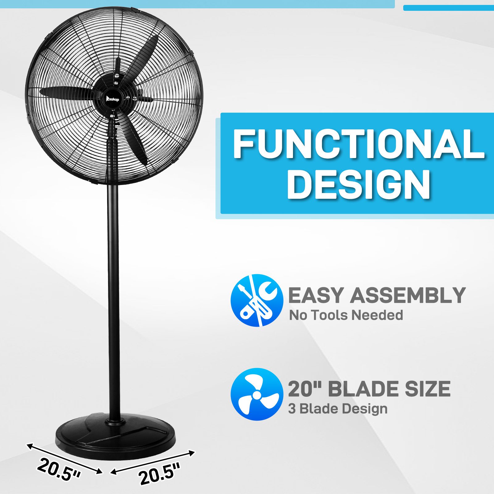20 Inch Oscillating Pedestal Floor Fan, 5000 CFM High Velocity Standing Fan With BLDC Copper Motor, 4 Speeds Adjustable Height & Tilt Aluminum Blades Metal Industrial Fan For Garage Workshop Comm - Image 7
