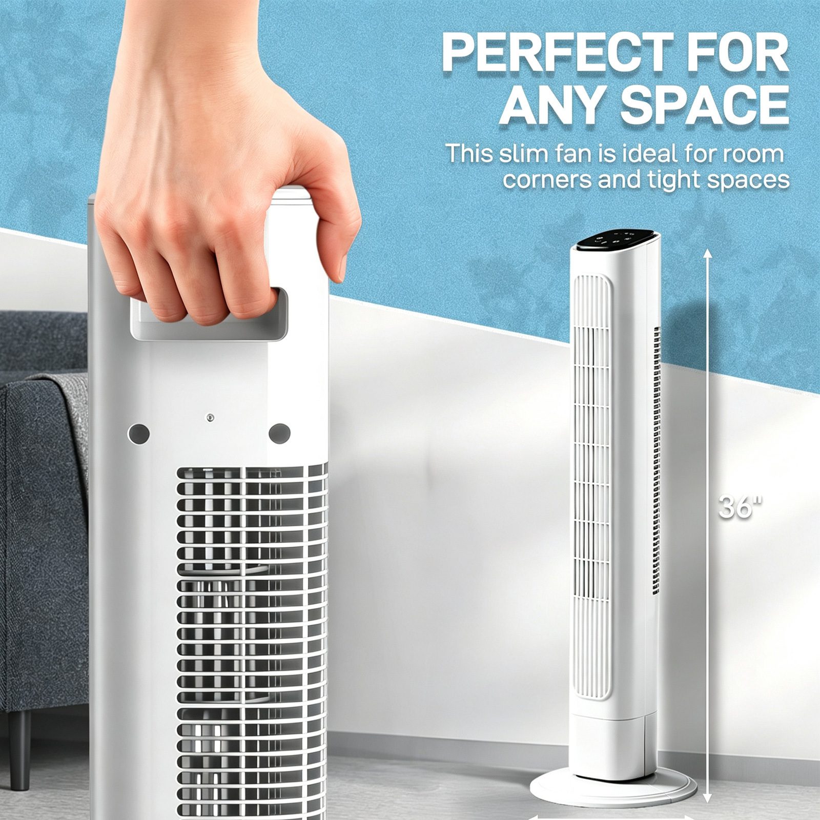 36 Inch Tower Fan, 110V 45W Quiet Cooling Column Fan With Copper Motor, Touch & Remote Control, 3 Speeds 3 Modes, 9H Timer, Wide Oscillating Standing Fan For Bedroom Office Home - Image 6