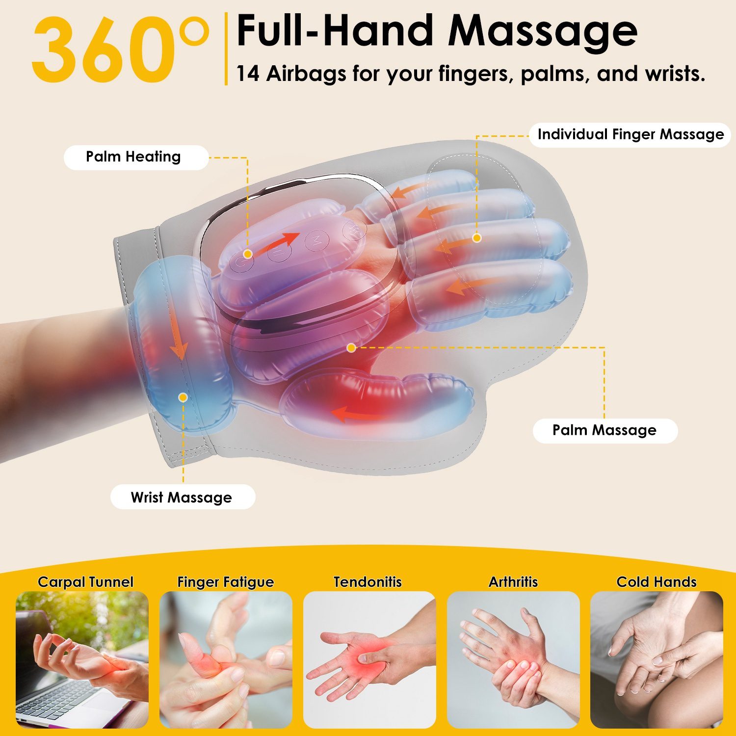 1Pc Hand Massager With Heat Compression Cordless Hand Massager For Arthritis Carpal Tunnel With 3 Modes 3 Heat Levels 5 Intensity Levels Disposable Gloves Finger Massager Carry Bag - Image 2