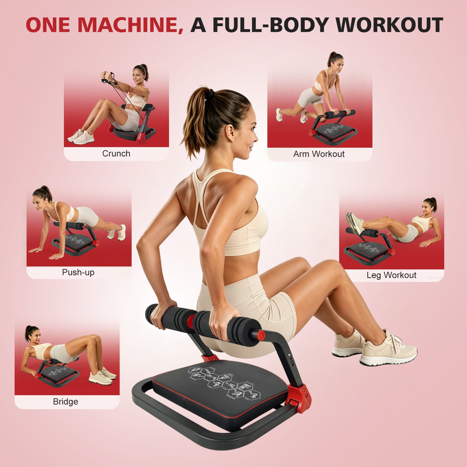 Ab Core Trainer Abdominal Machine For Home Gym With Resistance Bands Red - Image 4