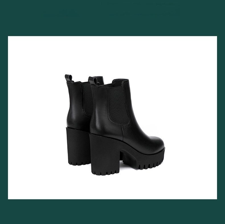 Women's Solid Color Genuine Leather High-heel Thick-heel Platform Mid-calf Boots - Image 6