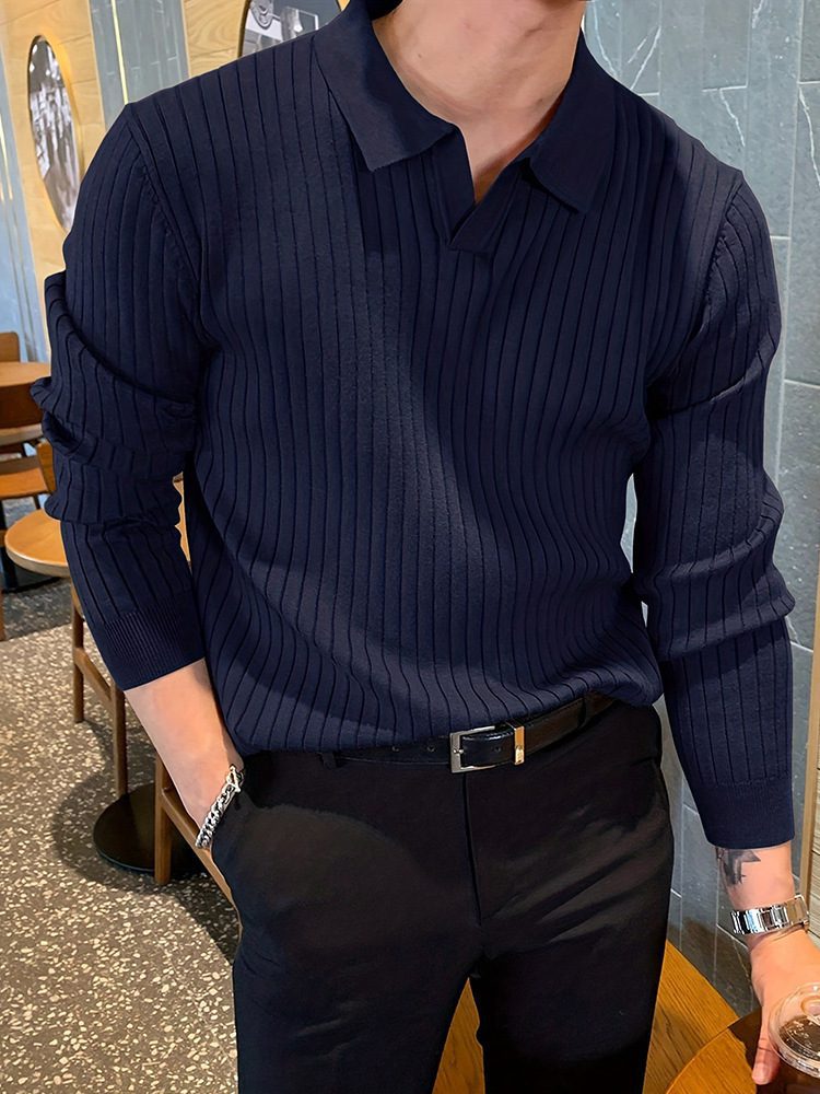 Lapel Texture Stretch Slim Knit Polo Shirt Men Polo Shirt Fashion Waffle Long-sleeved Tops Clothing Casual Comfortable Golf Men's Clothing - Image 5