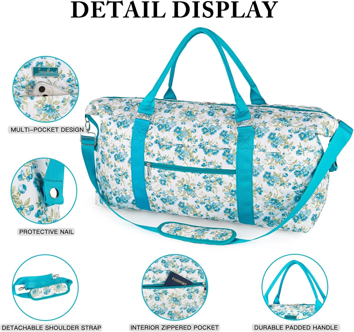 Women's Travel Bag With Toiletry Pouch Carry-on Overnight & Weekend Bag For Travel, Yoga, And Gym White Floral Design - Image 4