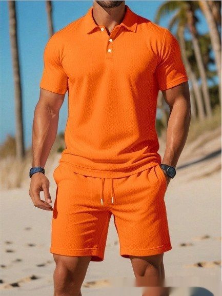 Men's Casual Beach Mesh Lapel Set Summer Comfortable Breathable Loose Solid-Color Sports Short-Sleeved Shirt And Shorts Set - Image 10
