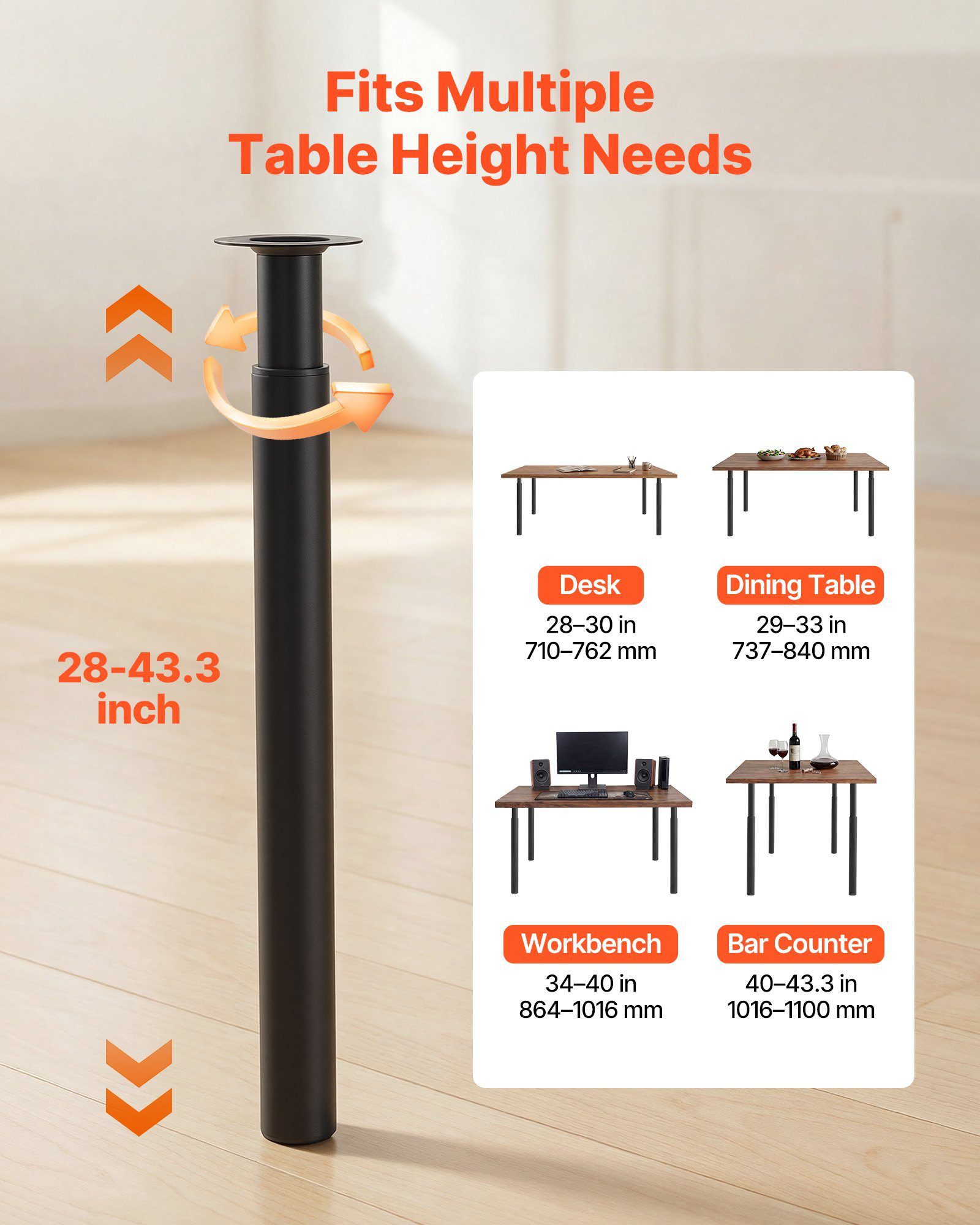 Adjustable Table Legs, 28-43.3 In Steel Furniture Legs, 1200 Lbs Max Load Heavy Duty, Quick Installation, Ideal For Home Office Desk DIY, Coffee Dinner Bar Tables, Workbenches, Set Of 4, Black - Image 3