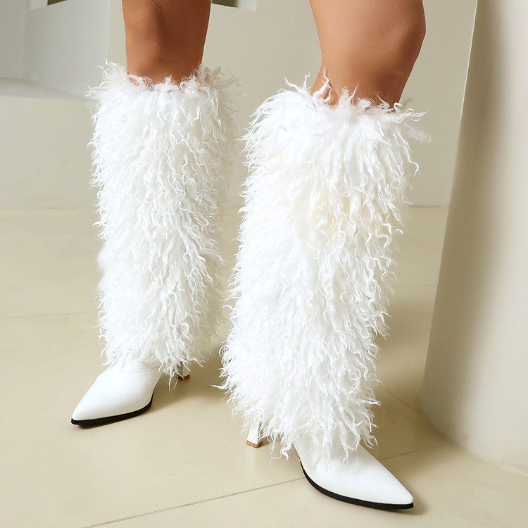 Womens Fashionable High-heeled Fuzzy Booties - Image 3