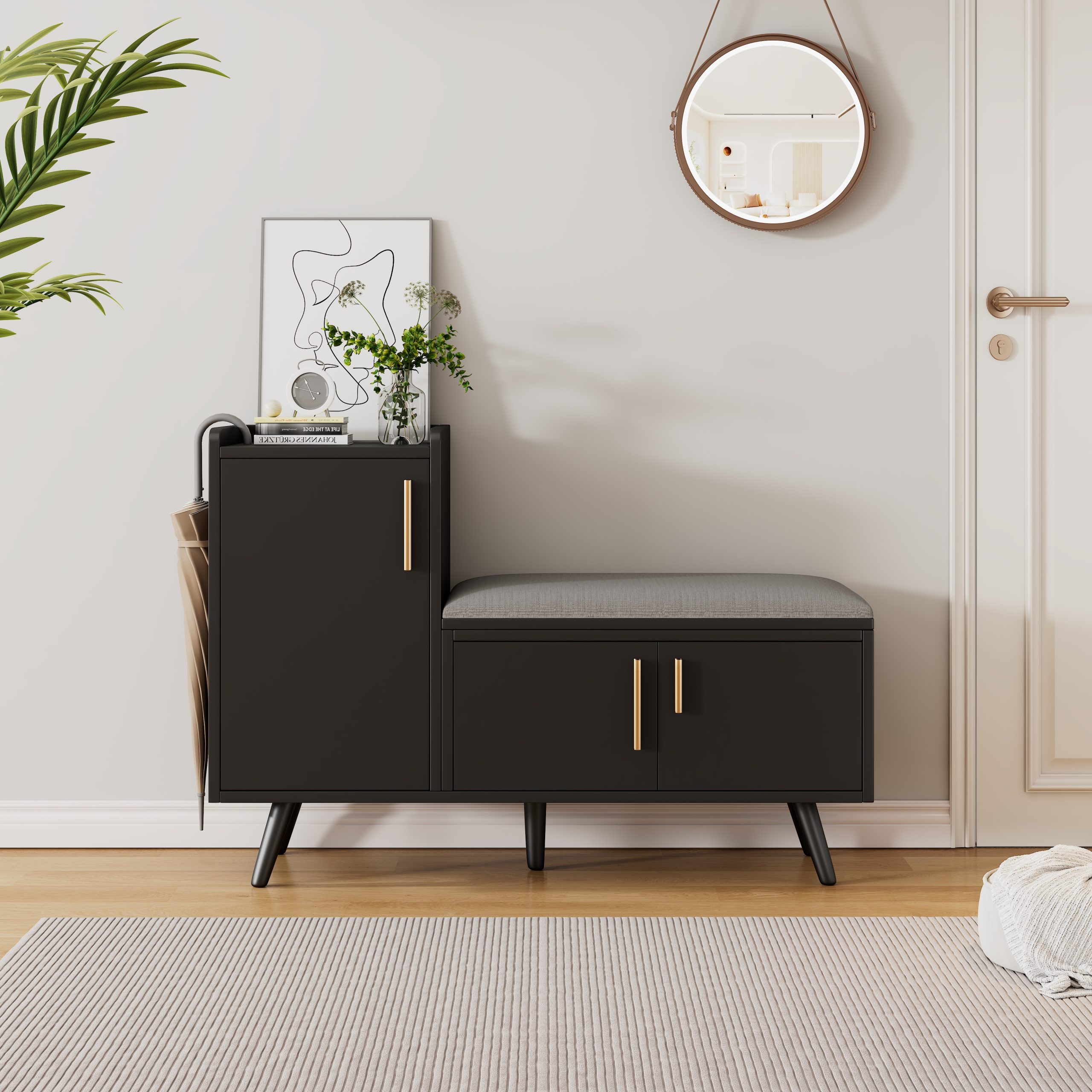 Modern Shoe Bench Storage Cabinet, Adjustable Storage Space For Boots Or Heels, Asymmetrical Metal Handles, Black, 100 X 34 X 69 Cm - Image 4