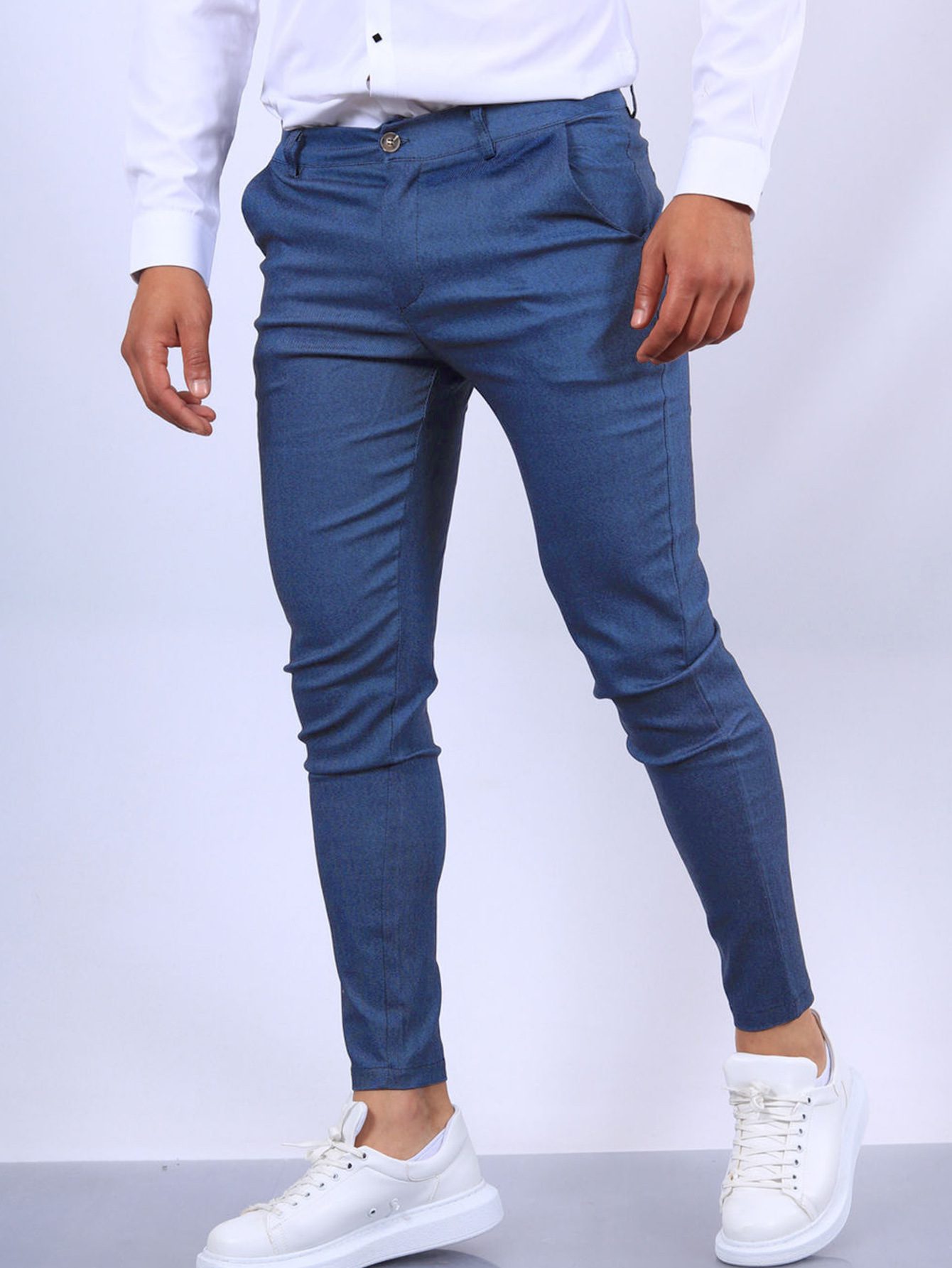 Men's Slim Button Trousers Fashion Solid Office Versatile Long Pencil Pants - Image 5