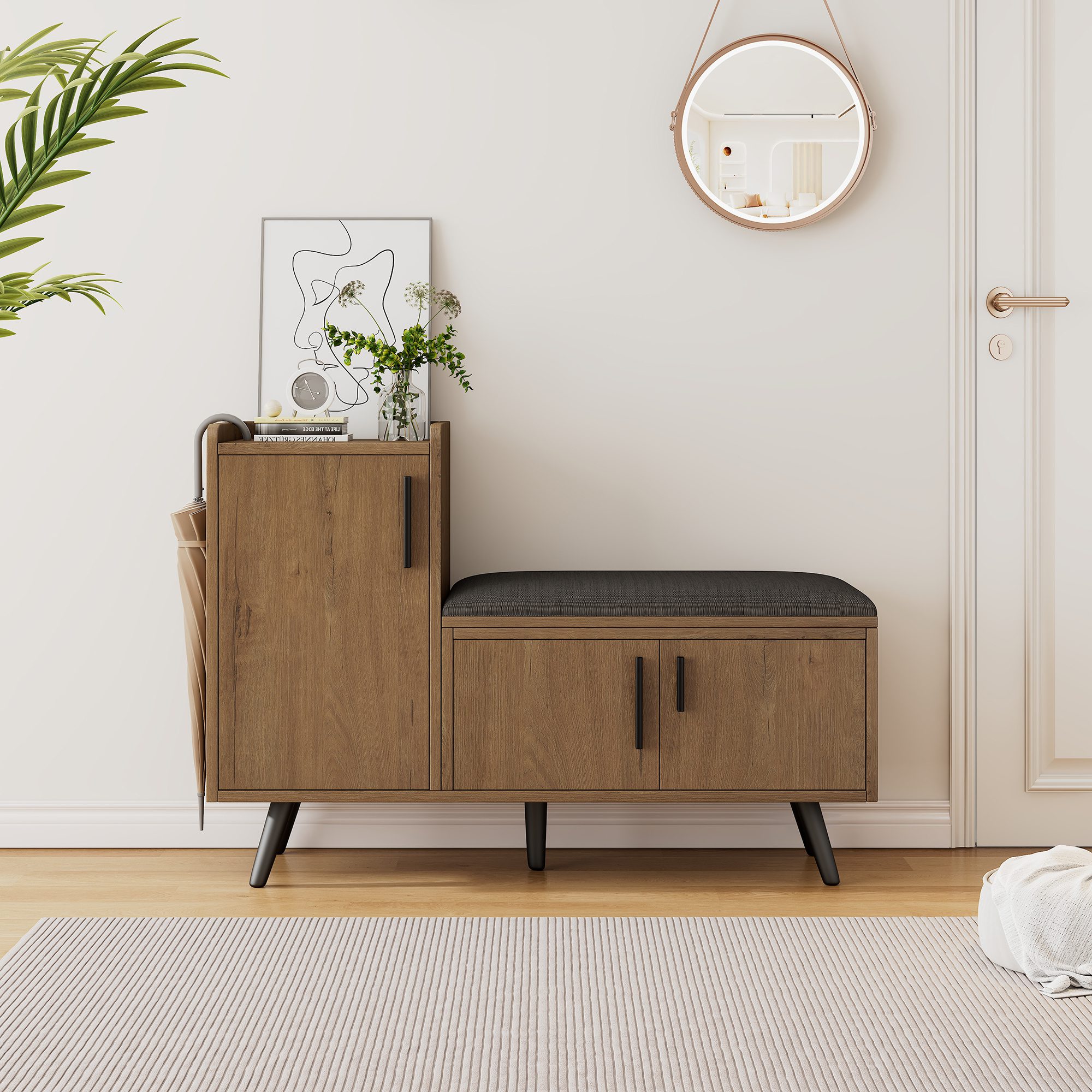 Modern Shoe Bench Storage Cabinet, Adjustable Storage Space For Boots Or Heels, Asymmetrical Metal Handles, Natural, 100 X 34 X 69 Cm - Image 3