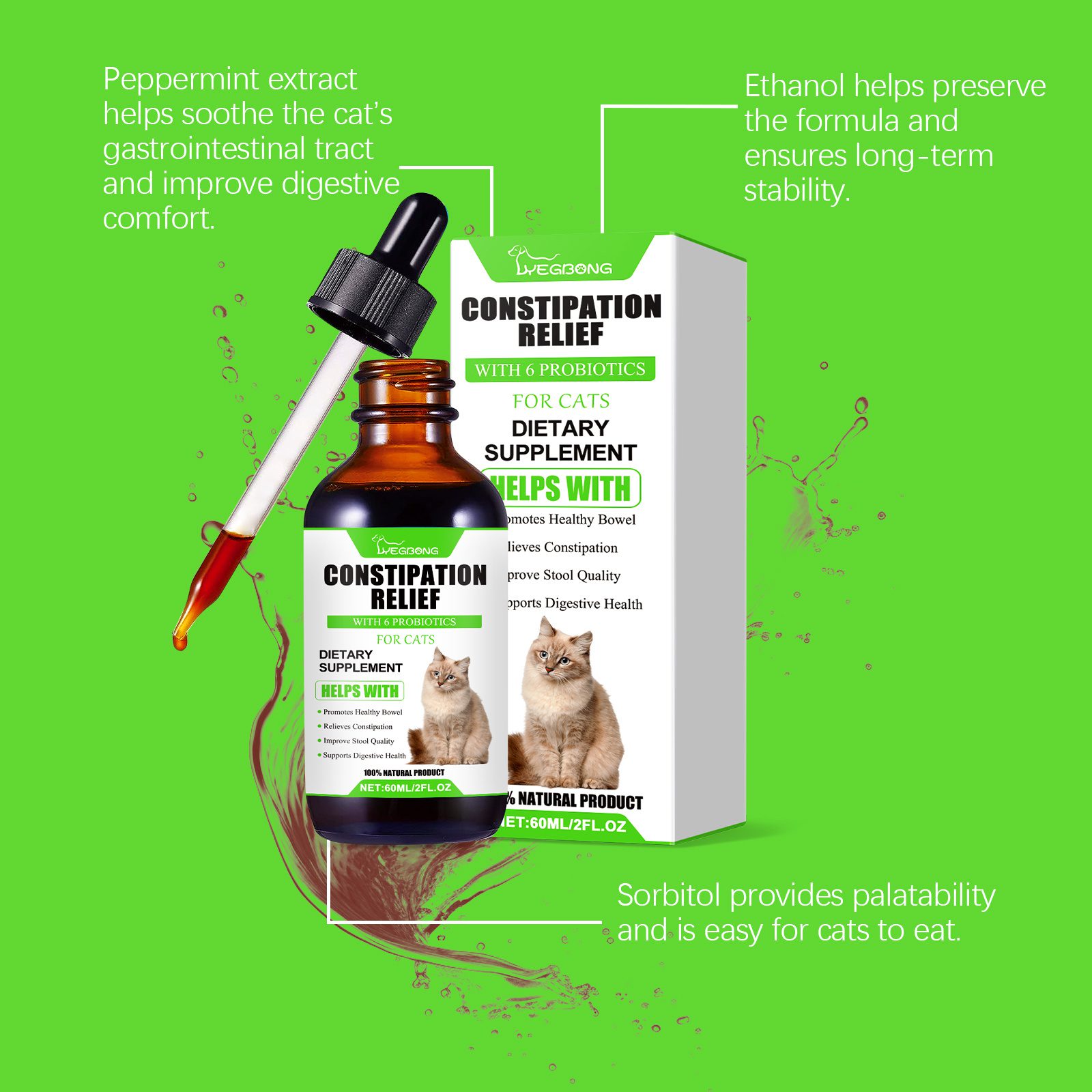 Cat Constipation Relief Probiotic Drops, Natural Digestive Support Supplement For Cats, Boost Nutrient Absorption & Appetite - Image 6