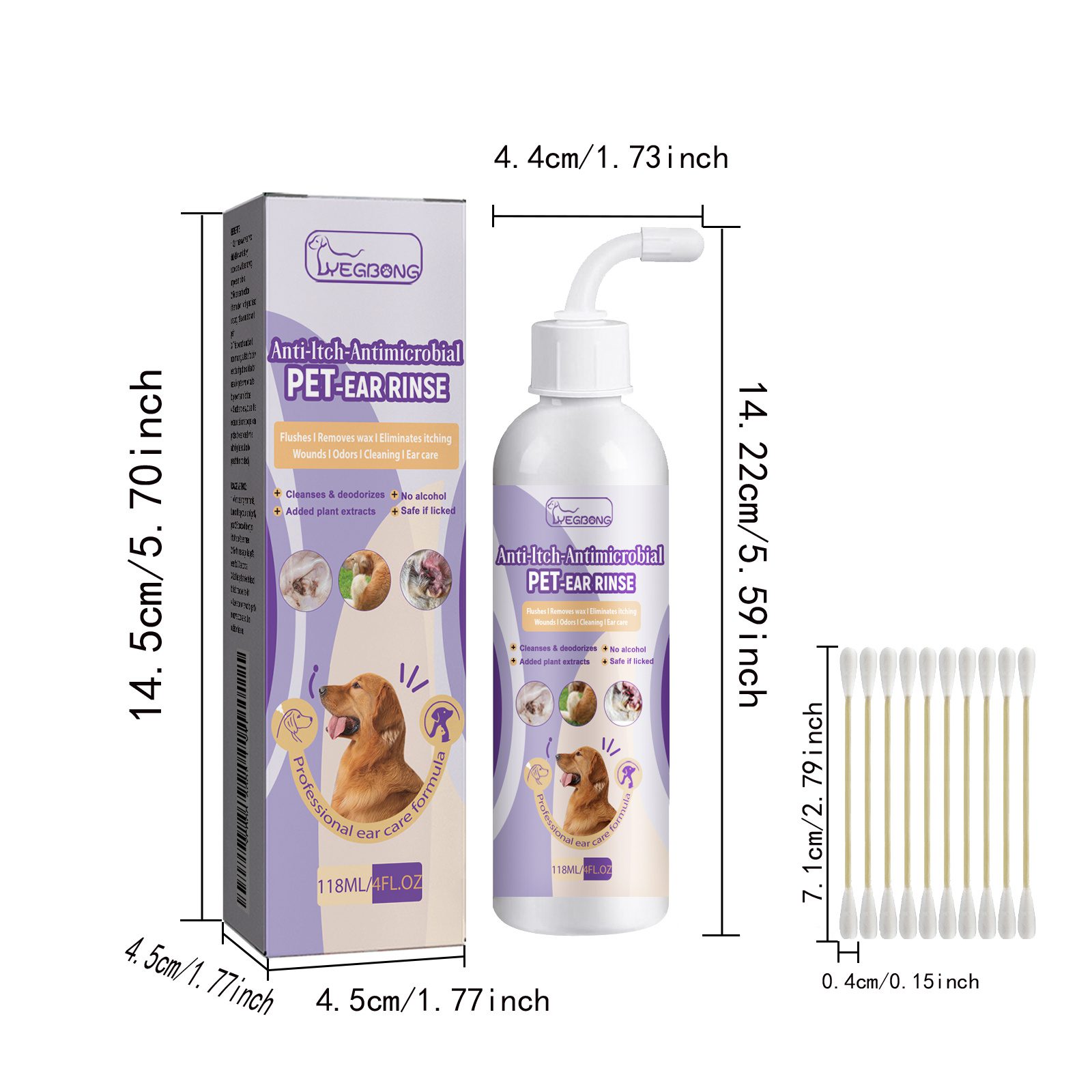 118ml Pet Ear Rinse Cleaner With Glycerin & Disodium EDTA, Anti-Itch Antimicrobial Ear Wash For Dogs Cats, Alcohol-Free Gentle Ear Cleanser With Cotton Swabs - Image 10