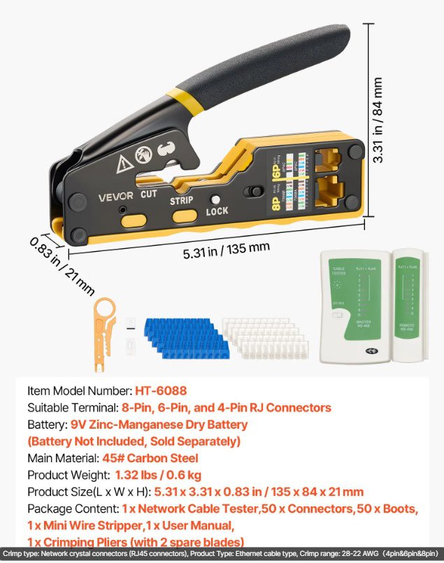 VEVOR Crimping Tool, RJ45-RJ11-RJ12 Ethernet Crimper, Crimp Tool Kit For 4-6-8-Pin Modular Plugs, With Mini Wire Stripper, 50 Connectors And 50 Boots, Replacement Blades, And Network Cable Tester - Image 8