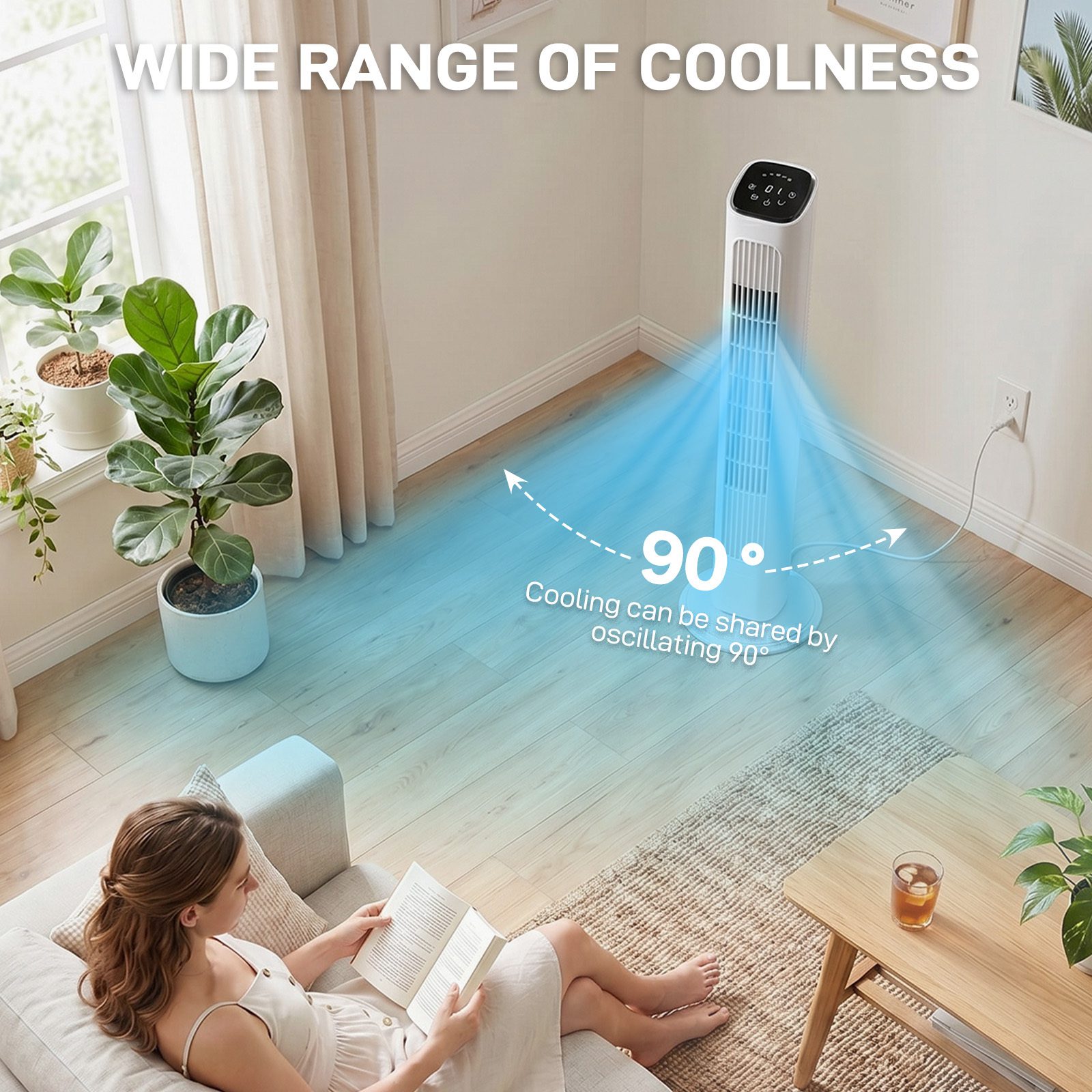 36 Inch Tower Fan, 110V 45W Quiet Cooling Column Fan With Copper Motor, Touch & Remote Control, 3 Speeds 3 Modes, 9H Timer, Wide Oscillating Standing Fan For Bedroom Office Home - Image 3