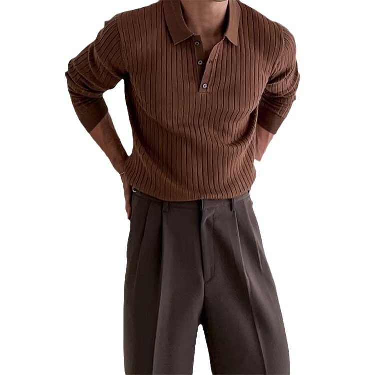 Lapel Button Long Sleeve Polo Shirt Slim Fashion Solid Striped Knitted Bottoming Shirt Top Men's Clothing - Image 5