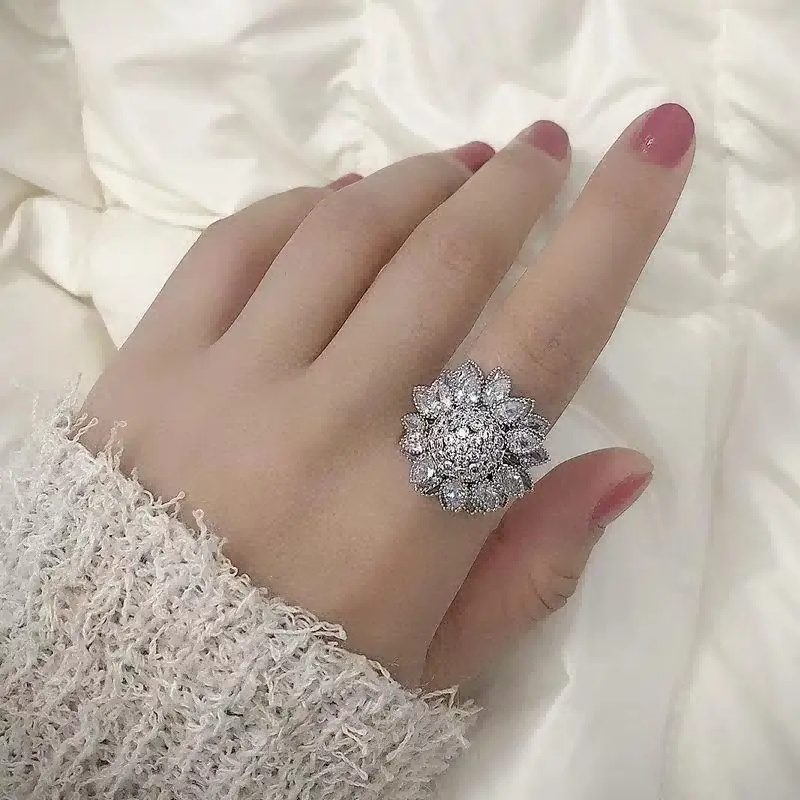 Flower Adjustable Open Silvery Ring For Women, Trendy Elegant Unique Cubic Zirconia Enamel Front Open Floral Leaf Easter Jewelry Gift-flower - Image 2