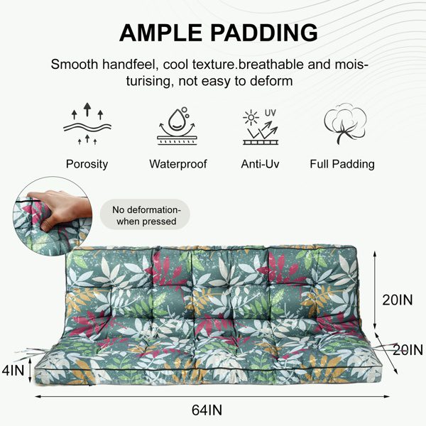 Outdoor Swing Cushions 55 Inch,Waterproof 4in Thick Porch Swing Cushion Replacement With Backrest And Ties,Comfortable 2-3 Seat Pation Swing Pad For Backyard,Garden,Lawn,Outdoor Furniture Flower - Image 3