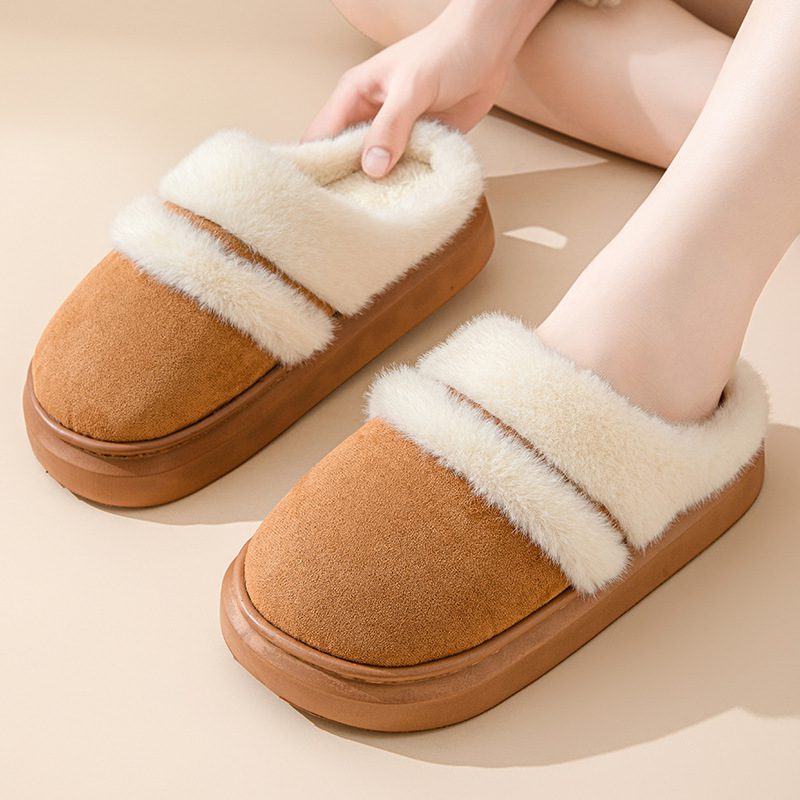 Fashion Warm Cotton Slippers For Women Leisure Thick Bottom Non-slip Plus-velvet House Shoes Winter Bedroom Floor Suede Slipper - Image 2