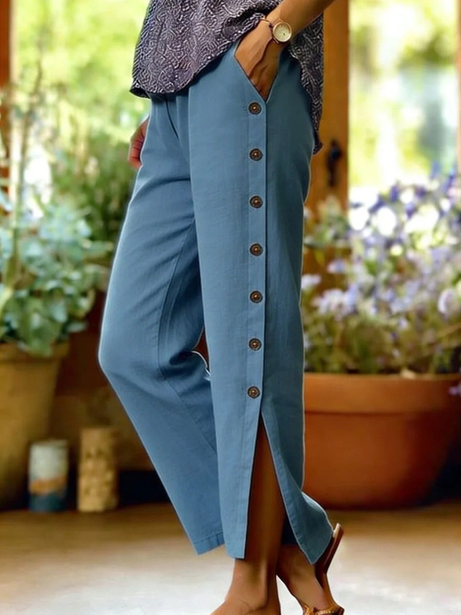 Breathable Button-detail Casual Straight-leg Cropped Pants - Image 6
