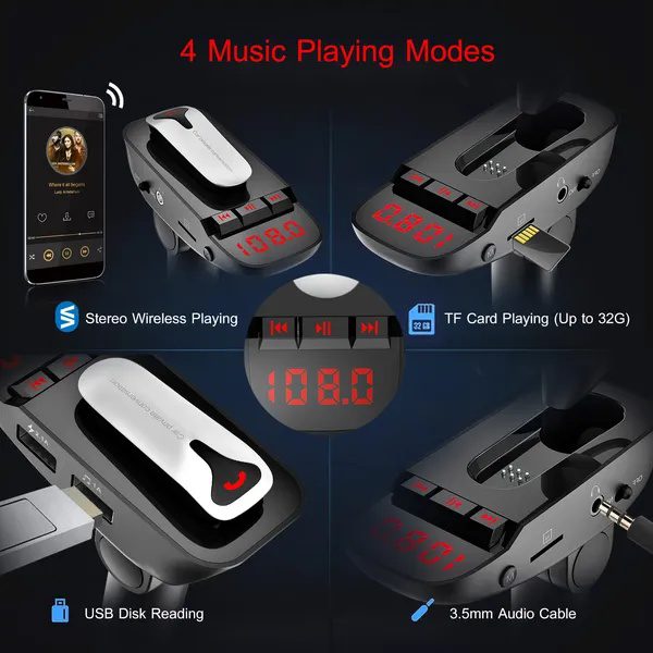 Car FM Transmitter W/ Wireless Earpiece 2 USB Charge Ports Hands-free Call MP3 Player - Image 3