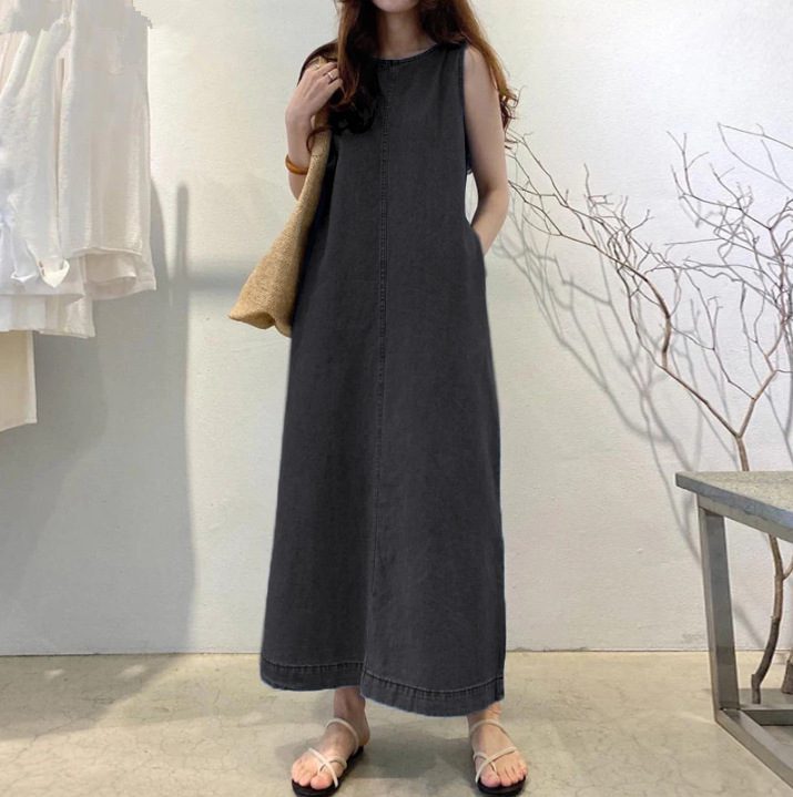 Womens Solid-Color Fashionable Round-Neck Loose-Fit Pocketed Dress - Image 3