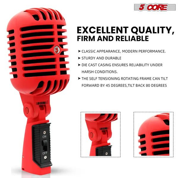 5 Core ميكروفون كلاسيكي ديناميكي احترافي XLR للاستوديو بتصميم ريترو عتيق أحمر - RTRO MIC RED - الصورة 3