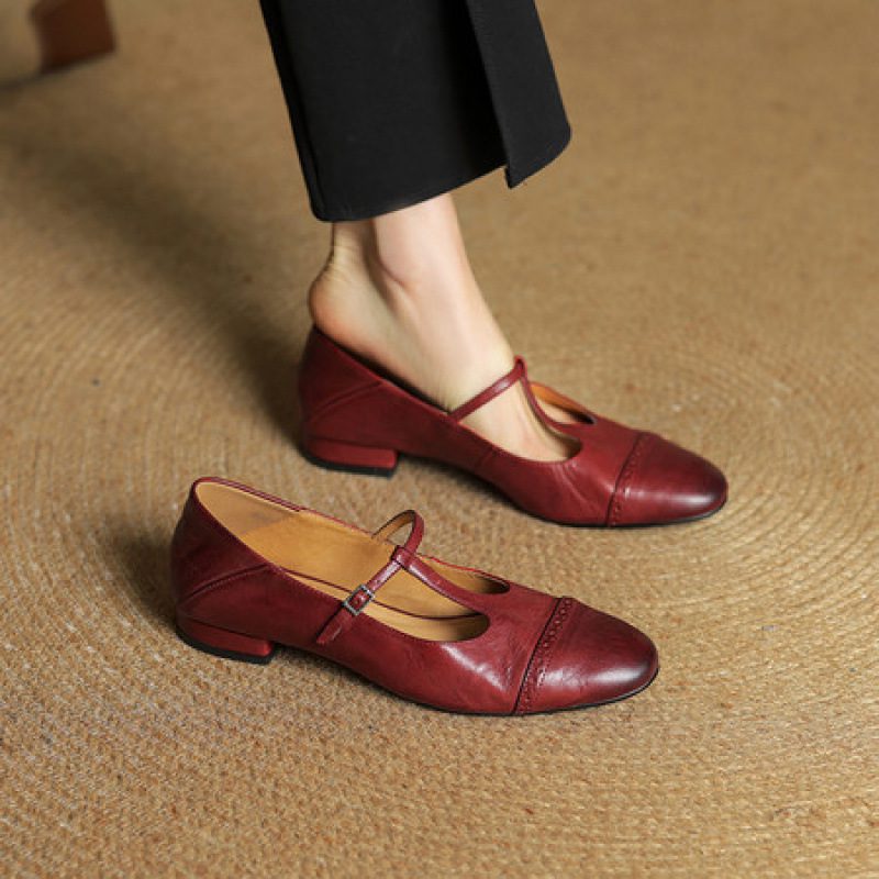 Women's T-shaped Buckle Old First Layer Cowhide Round Toe Flats - Image 2