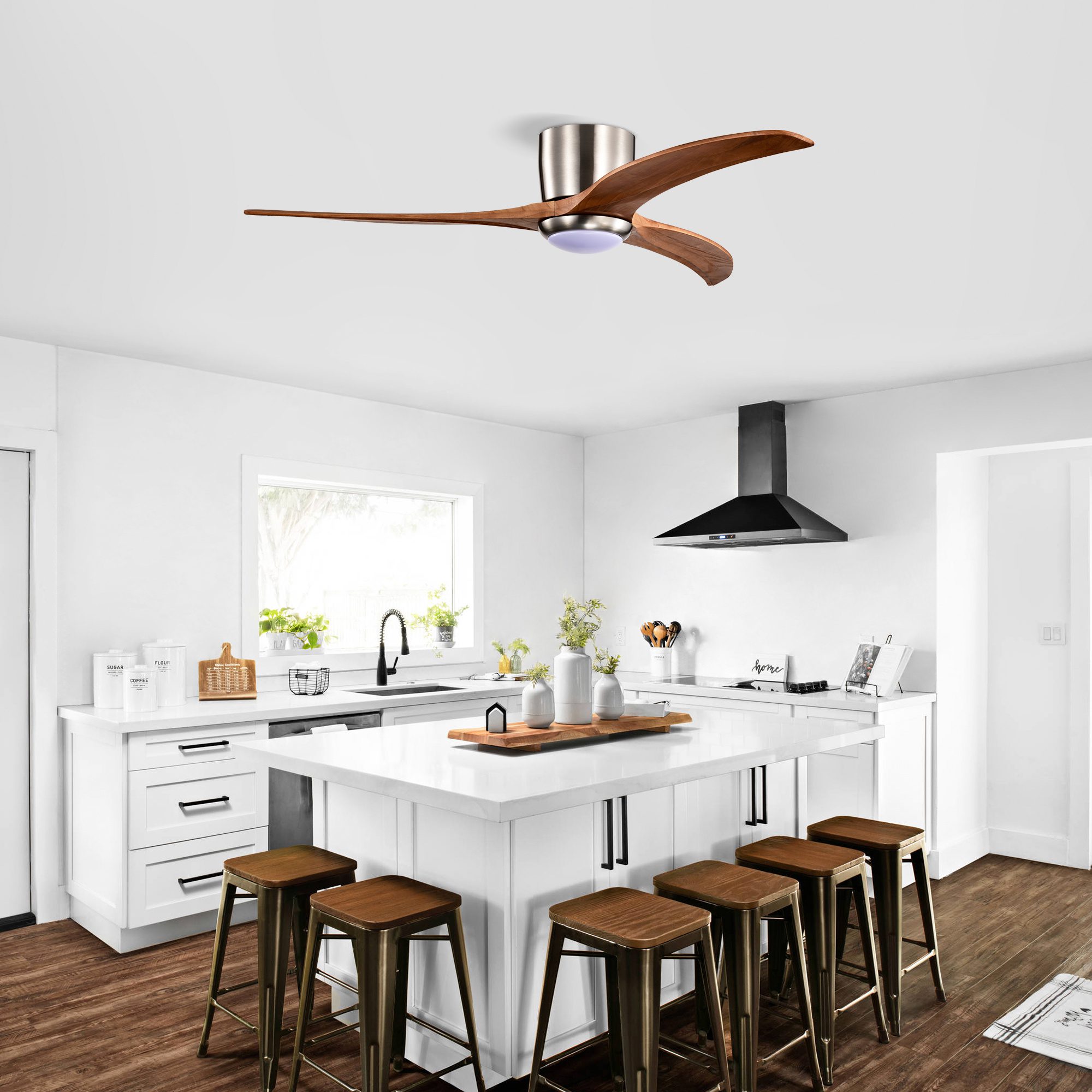 مروحة سقف مقاس 52 بوصة بتصميم Flush Mount مع إضاءة، مزودة بـ 3 شفرات من الخشب الصلب، مع جهاز تحكم عن بُعد، محرك DC هادئ، 6 سرعات، دوران عكسي، مناسبة للفناء وغرفة المعيشة وغرفة النوم والمكتب وللاستخدام الداخلي، بتشطيب نيكل ساتان - الصورة 5