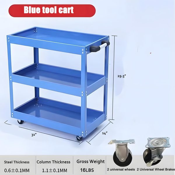 Upgrade 3-Tier Rolling Tool Cart With Lockable Wheels, Heavy Duty Steel Utility Cart, Kitchen Cart Organizer, Workshop Rolling Serving Cart For Garage, Warehouse, Blue - Image 7