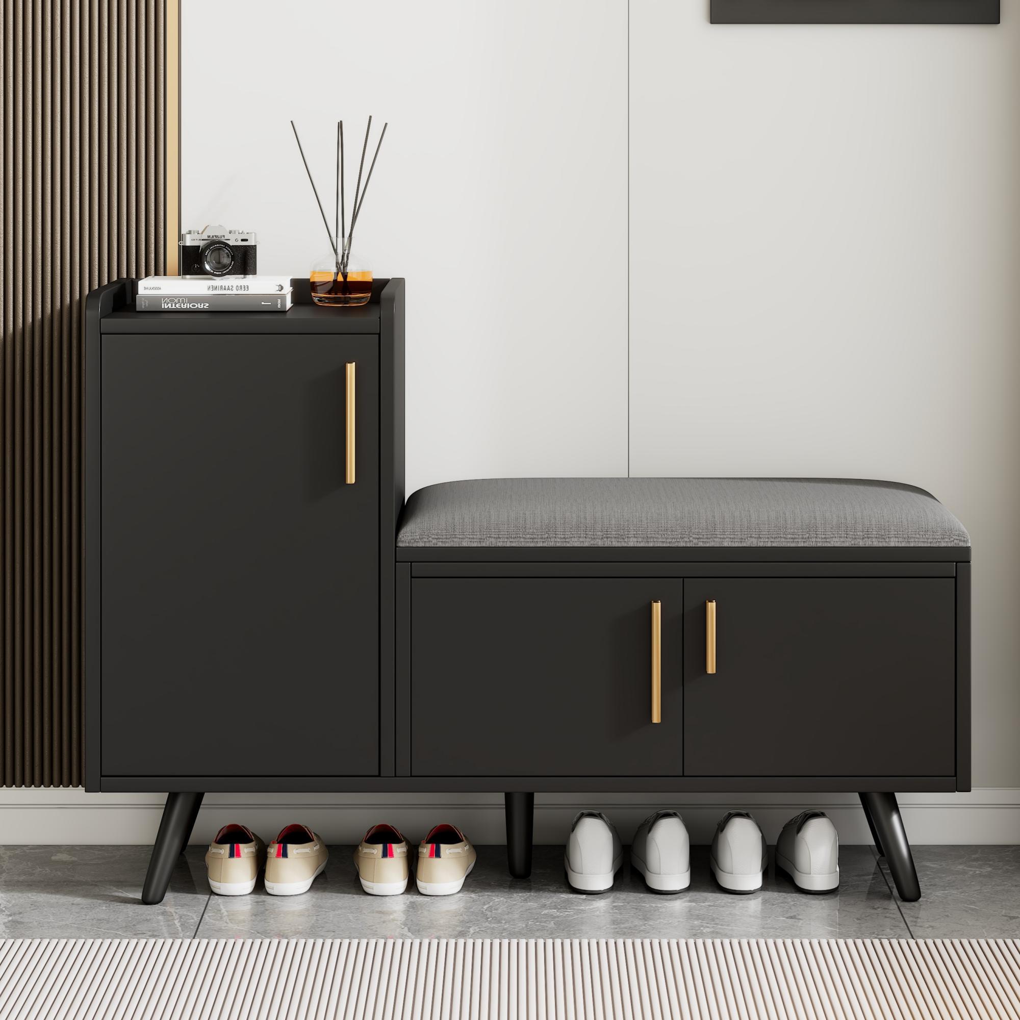 Modern Shoe Bench Storage Cabinet, Adjustable Storage Space For Boots Or Heels, Asymmetrical Metal Handles, Black, 100 X 34 X 69 Cm