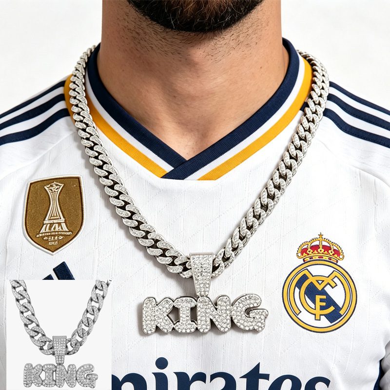 13mm Width Football Pendant Necklace,Full Diamond King Fashion Pendant Necklace, 3D Diamond Gold Zinc Alloy Stainless Steel Religious Zircon