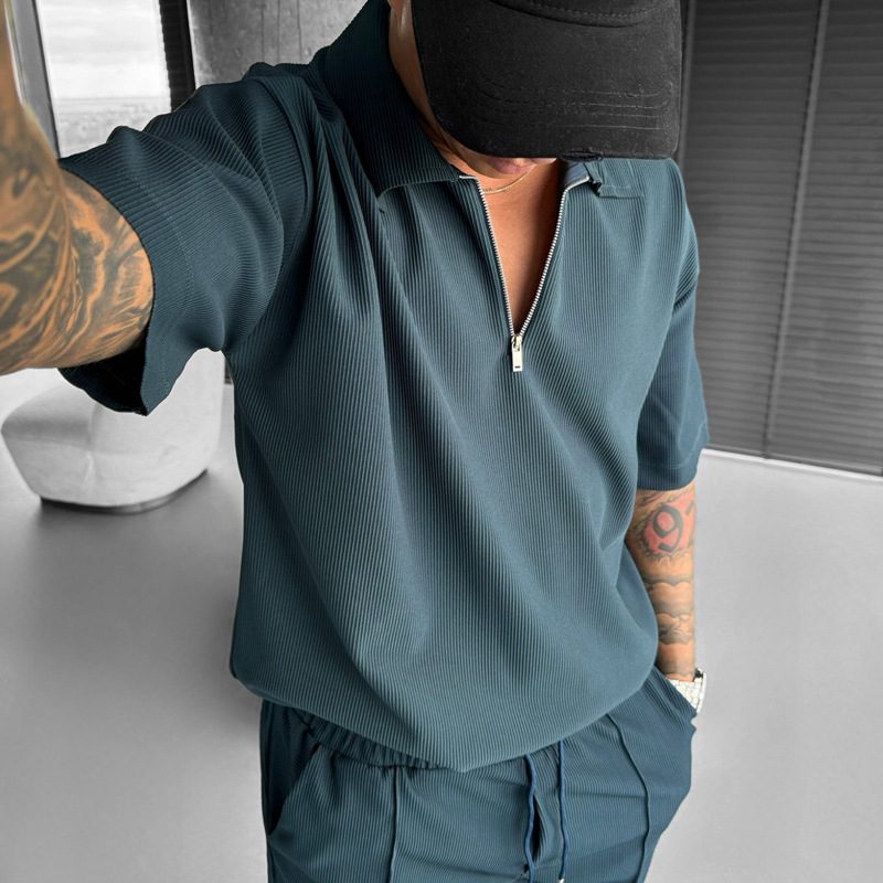 Summer Fashion Mens Clothing Men's Suits New Zipper Polo Casual Short Sleeve Drawstring Shorts Men's Set - Image 2