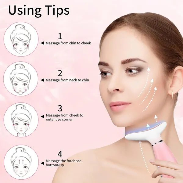 مدلك الرقبة والوجه، أداة تدليك الوجه للعناية بالبشرة، مدلك وجه 3 في 1، أداة نحت الوجه مع خاصية التسخين والاهتزاز - وردي - الصورة 5