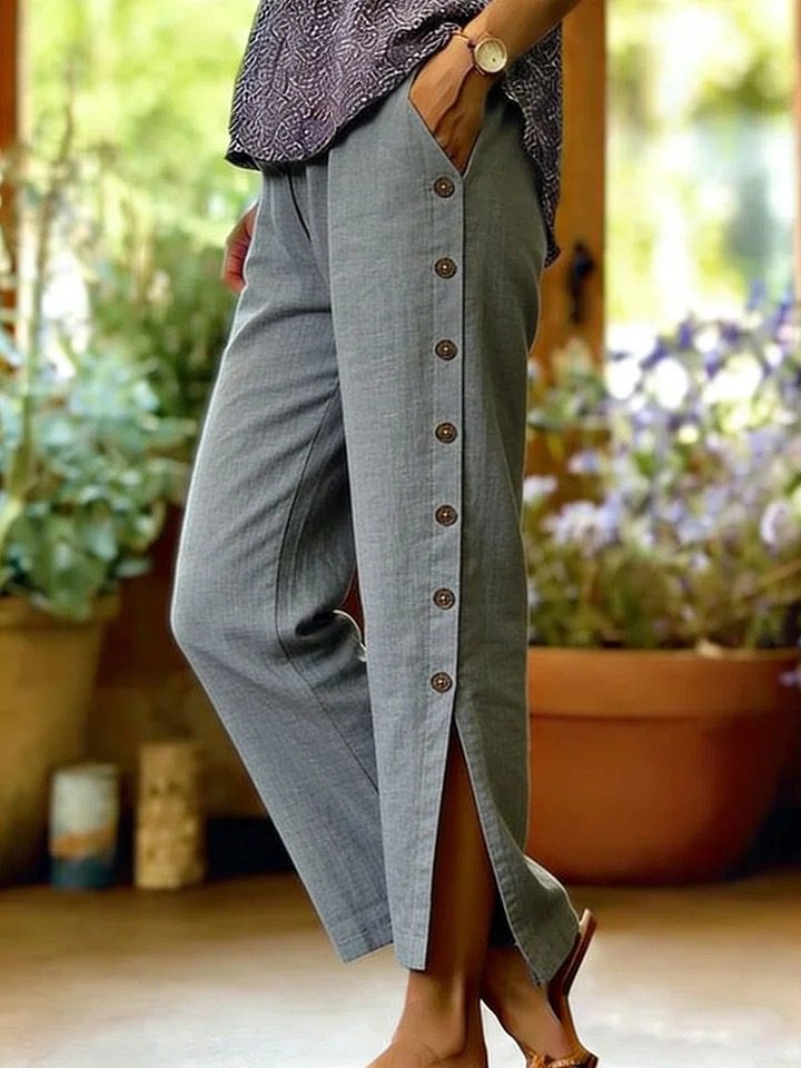 Breathable Button-detail Casual Straight-leg Cropped Pants - Image 5