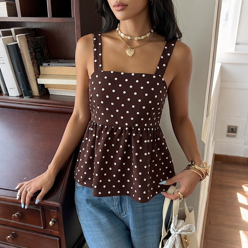 French-style Vintage Wave-patterned Square-neck Ruffled-strap Womens Camisole - Image 6