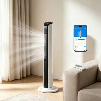 42 Inch Smart Tower Fan, 110V 65W All-Copper Motor Bladeless Standing Fan, Remote WiFi APP Control, Digital Display, 3 Speeds 3 Modes, 12H Timer, Space Saving Tower Fan For Bedroom Living Room, No Wat