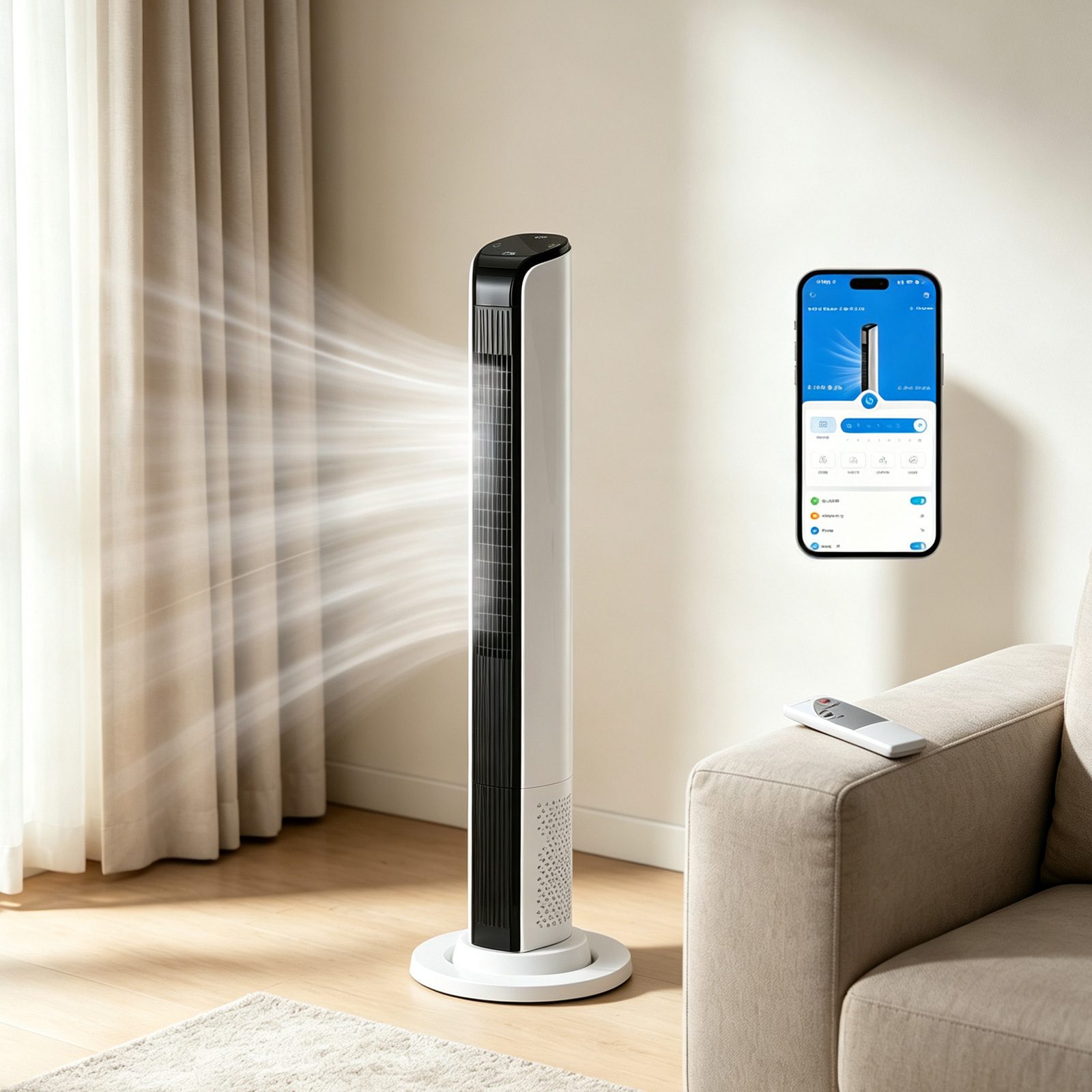 42 بوصة مروحة برجية ذكية، مروحة عمودية بدون شفرات بمحرك نحاسي بالكامل بجهد 110V وقدرة 65W، تحكم عن بُعد عبر تطبيق WiFi، شاشة رقمية، 3 سرعات و3 أوضاع، مؤقت 12 ساعة، مروحة برجية موفرة للمساحة لغرفة النوم وغرفة المعيشة، بدون ضوضاء