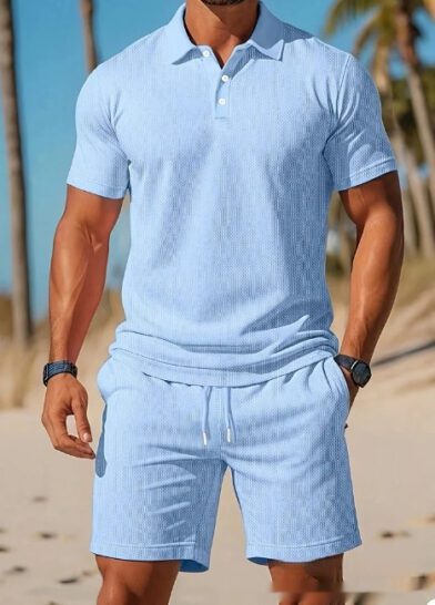 Men's Casual Beach Mesh Lapel Set Summer Comfortable Breathable Loose Solid-Color Sports Short-Sleeved Shirt And Shorts Set
