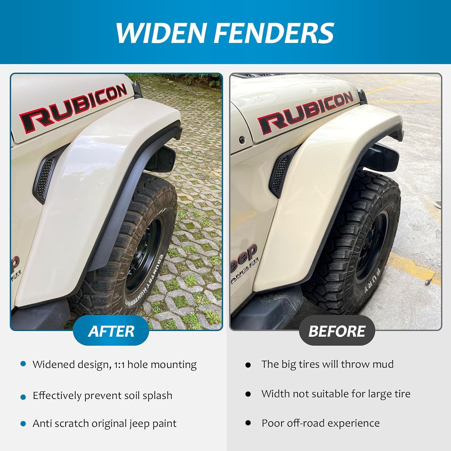 Fenders Front & Rear Fenders Compatible with 2018-2026 Jeep Wrangler JL and JLU Unlimited Rubicon, Off-Road Wheel Fender Liner Set 4 Pcs(Only Fit High Clearance Fender Flares,Not for 4XE) - Image 4