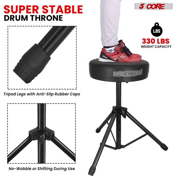 5 Core Drum Throne 3" Thick Padded Memory Foam Comfortable Drummer Stool 330Lb Capacity Adjustable - Image 5